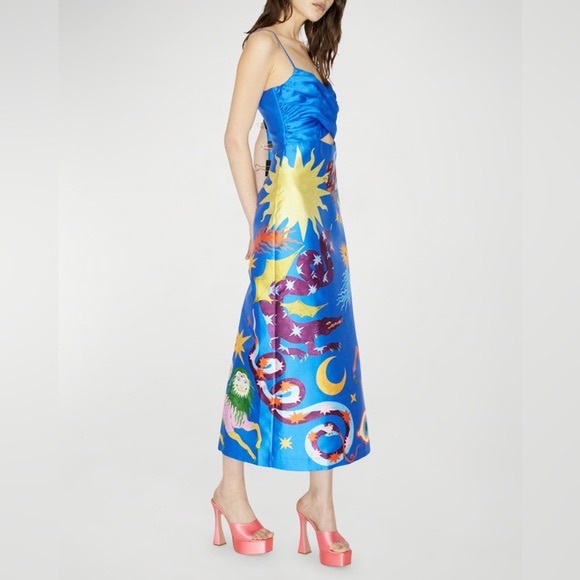 Authentic ALEMAIS Guardian Printed Satin Keyhole Midi Dress Sz US 2 - Picture 5 of 14